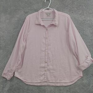 Orvis Shirt Women's XXL Pink Linen Blend Button Up Collared Roll Tab Long Sleeve